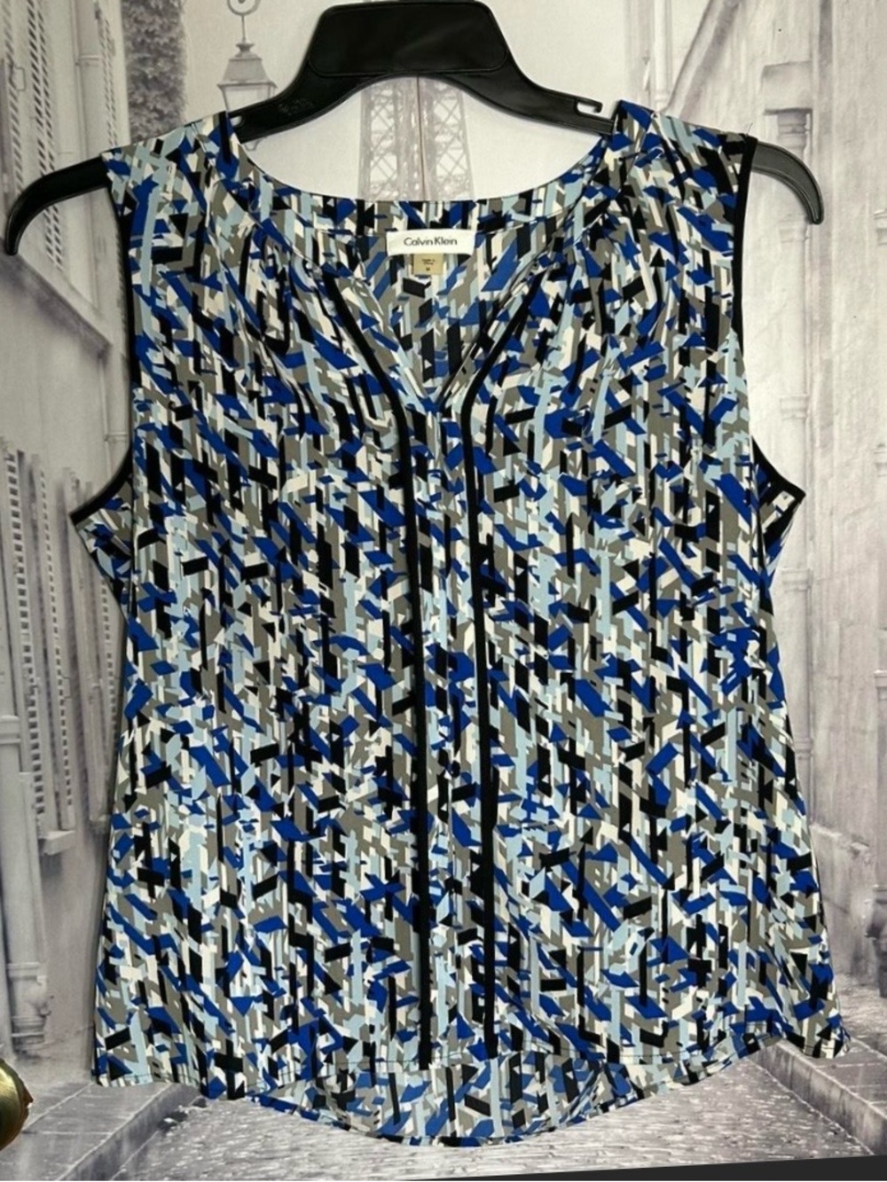 Calvin Klein Blue, Black, Gray and White Geometric Print Sleeveless Top